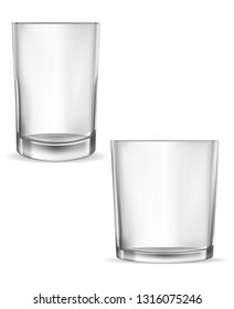 Glass glasses empty. Kit of transparent vector glass glasses. Set of vector realistic illustrations, isolated icons . Print, template, design element. 