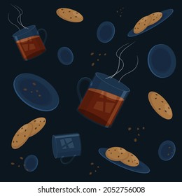 Glass glasses with hot tea, saucers with chocolate chip cookies. Flat style, dark blue background. Elements for web design.