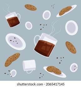 Glass glasses with hot tea, saucers with chocolate chip cookies. Flat style, light background. Elements for web design.