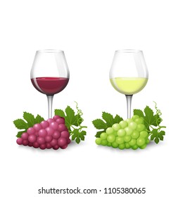 Glass glasses with white and red wine and bunches of grapes on a white background in realism style. Design for labels, menus, banners, posters. Vector illustration.
