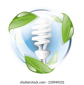 Glass globe with fluorescent lightbulb inside, recycle symbol, EPS 10, isolated