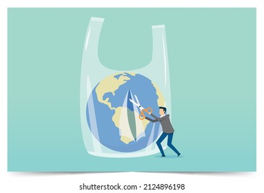 Glass globe in garbage bag, plastic pollution, environmental cleanup, save the world, planet earth, Vector illustration design concept in postcard template