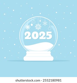 Glass globe with number 2025 and Christmas decorations inside on a blue snowy background, vector illustration in flat style