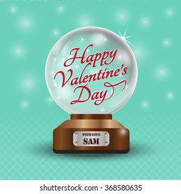 Glass globe on blue and pink checkered background. Magic ball with stars , two hearths and text Happy Valentines Day, shiny translucent, vector illustration.