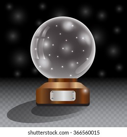 Glass globe on checkered background. Magic ball with star and glowing ball, shiny translucent, vector illustration.