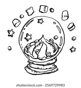 Glass globe with whipped cream and marshmallows in a circle