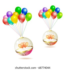Glass globes with hearts raised by balloons for Valentine's day, isolated on white background, vector illustration