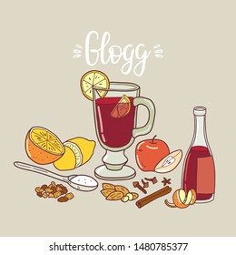 Glass of glogg with mulling spices. Illustration traditional hot drink at Christmas time. Autumn and winter holidays. Hand-drawn illustration.