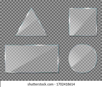 Glass glossy mirror on transparent background. Acrylic, Plexi glass with reflection. Rectangle, circle, triangle window mockup with shadow. Clear texture. Panel, frame for digital screen. Vector.