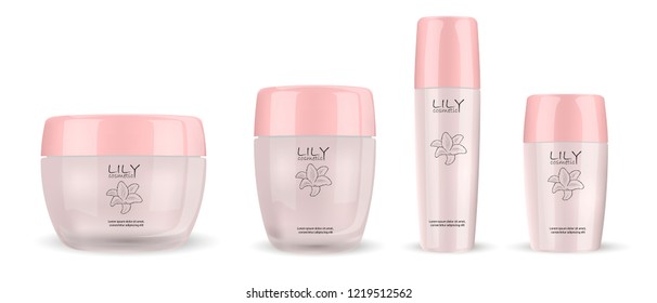 Glass or glossy plastic cosmetic bottles and jars package: cream gar with closed lid, tonic bottle and solid deodorant. Cosmetics mockup illustration with sample label and logo for commercial needs. 