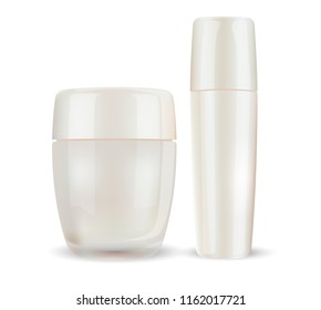 Glass or glossy plastic cream gar with closed lid and tonic bottle set. Cosmetics mock up illustration for commercial needs. HQ EPS10 vector.