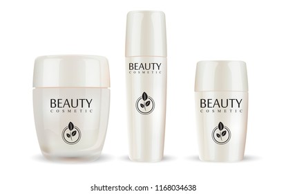 Glass or glossy plastic cream gar with closed lid, tonic bottle and solid deodorant set. Cosmetics mock up illustration for commercial needs. HQ EPS10 vector.