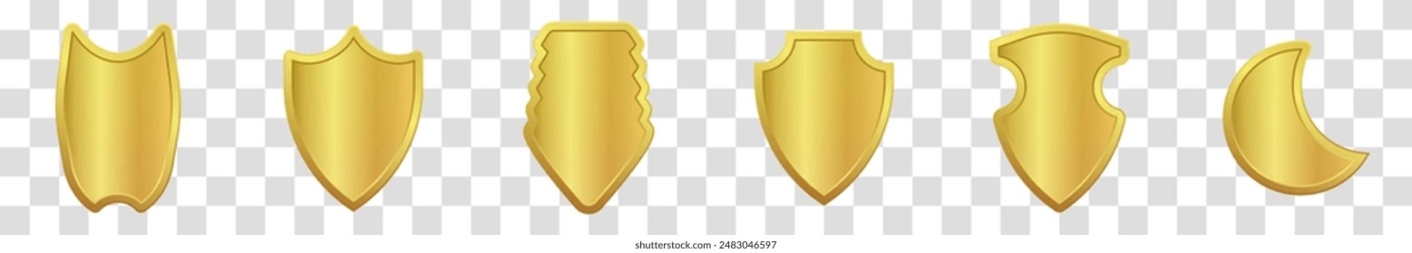 Glass and glossy sign trophy medal collection. Vector illustration. Set of realistic golden heraldic icon shields. Transparent background.