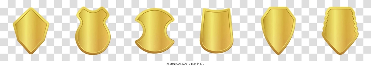 Glass and glossy sign trophy medal collection. Set of realistic golden heraldic icon shields. Vector illustration.