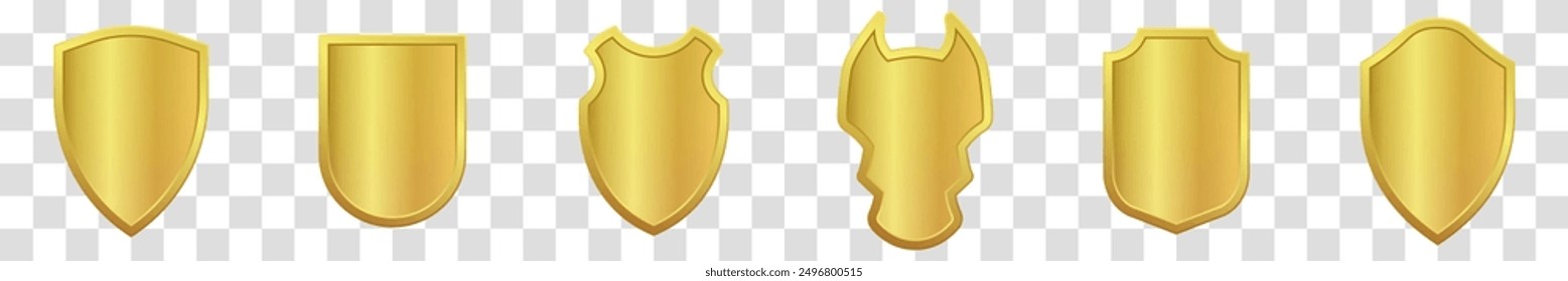 Glass and glossy sign trophy medal collection. Vector illustration. Set of realistic golden heraldic icon shields. Transparent background.