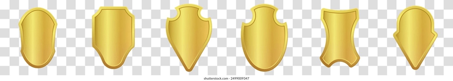 Glass and glossy sign trophy medal collection. Set of realistic golden heraldic icon shields. Vector illustration.