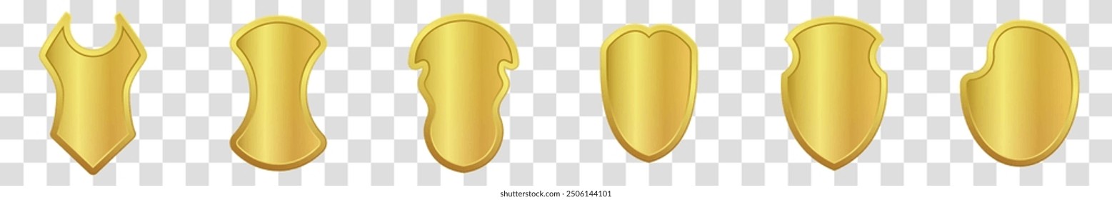 Glass and glossy sign trophy medal collection. Vector illustration. Set of realistic golden heraldic icon shields. Transparent background.