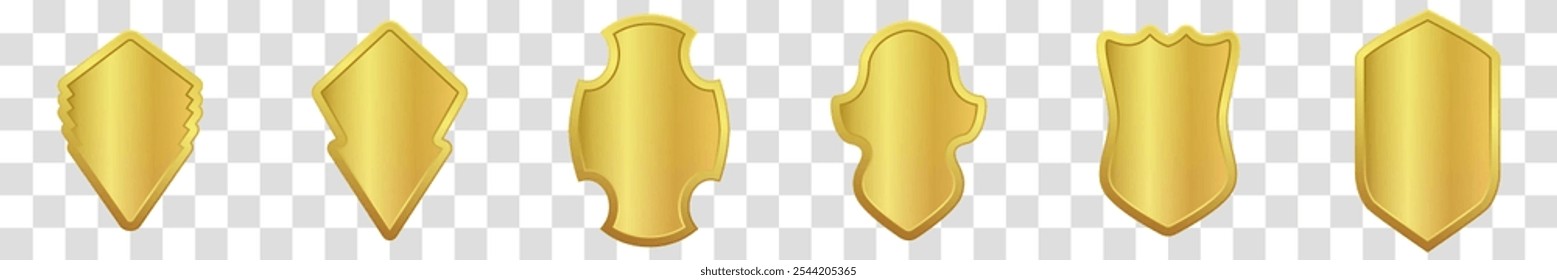 Coleção de medalhas de troféus de vidro e signos brilhantes. Ilustração vetorial. Conjunto de escudos de ícone heráldico dourado realista. Fundo transparente.