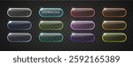 Glass glowing buttons for web design isolated on dark background. Realistic light frame border collection for web design, app, game and interface.