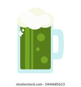 Glass goblet with handle filled with green Irish Ale. Foamy alcoholic drink, Happy Patrick party element. Simple cartoon vector isolated on white background