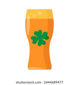 Glass goblet with handle filled with green Irish Ale. Foamy alcoholic drink, Happy Patrick party element. Simple cartoon vector isolated on white background