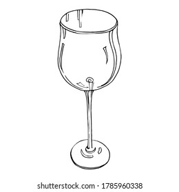 Glass goblet for wine and drinks. Vector linear illustration isolated on white background. For design of holiday cards, invitations, menus, stickers, icons, labels, packaging, posters.