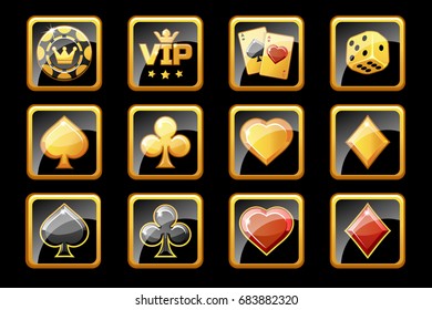 Glass golden and black casino icons, vector poker game symbols