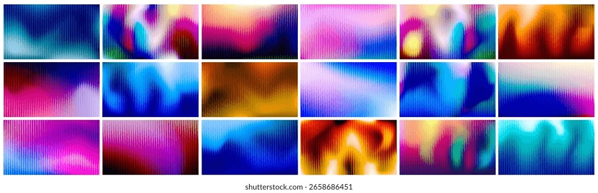 Glass gradient fractal 18 backgrounds, set pink blue ribbed abstract color pattern, iridescent striped vertical vibrant design, modern spectrum neon light blur effect collection