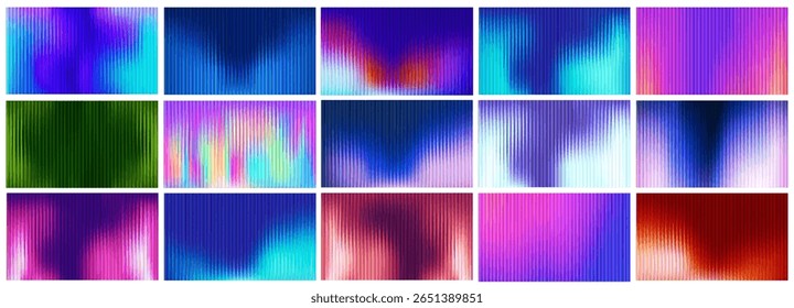 Fundo fractal gradiente de vidro com efeito de luz néon e padrão com nervuras. Design vertical abstrato em um espectro de cores vibrante roxo e verde. Prismo geométrico moderno com aberração cromática ou fl