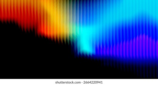 Glass gradient fractal background, glass ribbed texture with dark gradient background and vivid orange, purple and blue light streaks, iridescent striped vertical vibrant blur, moody abstract glow