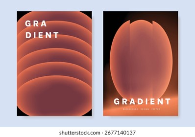 Glass gradient poster design vector set. Minimalist card template with orange rippled glass effect on dark background. Illustration for website, social media, banner, cover, ads.