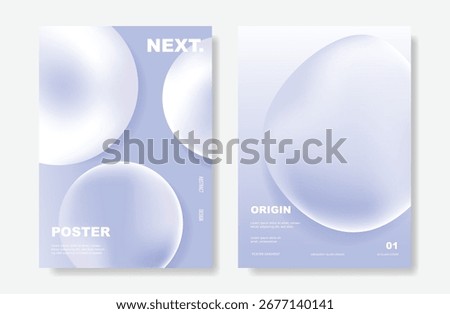 Glass gradient poster design vector set. Minimalist card template with white rippled glass effect on light background. Illustration for website, social media, banner, cover, ads.