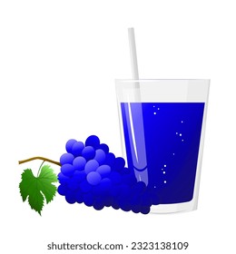 Glass of grape juice and bunch of blue grapes isolated on white background. For labels, menus, poster, print, or packaging design. Vector illustration.