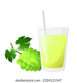 Glass of grape juice and bunch of green grapes isolated on white background. For labels, menus, poster, print, or packaging design. Vector illustration.