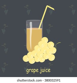 A glass of grape juice, yellow straws, yellow bunch of grapes on a dark blue background painting