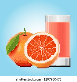 A glass of grapefruit juice or pomelo juice, a whole fruit with a green leaf next to it, and a half in front of it. Pixel art on a light blue gradient background.