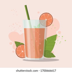 Glass of grapefruit juice with sliced grapefruit. Healthy food. Vector