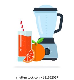 Glass of grapefruit juice with straw, a slice of grapefruit and a blender vector flat material design isolated on white