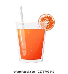 A glass of grapefruit or orange juice, and a slice of grapefruit. Natural fresh squeezed juice. Healthy diet. The design concept of a web page,advertising,cafe,menu. Vector illustration.