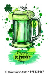Glass of green beer, engraving. Happy Saint Patrick's Day, handwritten lettering. Bright splashes of watercolor paint on  white background