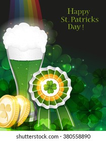 Glass of green beer and gold coins on clover background with rainbow.   St. Patrick's Day background.