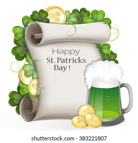 Glass of green beer, gold coins and paper scroll with clover on a white background. St. Patrick's Day symbols.