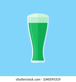 Glass of green beer isolated on blue background. Flat style icon. Vector illustration.