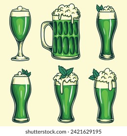 Ilustración vectorial del conjunto de cerveza verde de vidrio para su empresa o marca