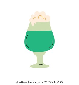 Glass of green beer. Simple colored beer icon with thick foam. Bar theme, St Patrick's day concerts. Beer festival illustration. Beer mug vector flat illustration.