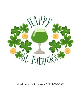 Glass of green beer as a symbol of St. Patrick's Day. St. Patrick's beer festival with clover leaves and leprechaun's gold coins.