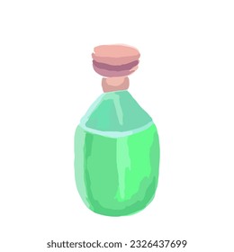 Glass green bottle, vial, flask with wooden lid, elixir. Vector isolated on white background