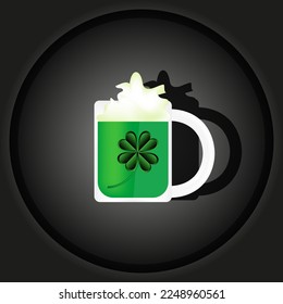 Glass of green irish beer on black background. Saint patrick's day concept with mug of traditional alcohol drink. Website banner with a shot cocktail in cut out paper style. 