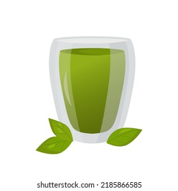 Glass of green matcha tea and laeves  isolated on white background. Matcha drink . Vector illustration.