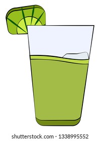 A glass of green mojito with a hint or decoration of lime poured over the bed of ice vector color drawing or illustration 